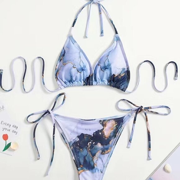 String Bikini with Side Ties, Size Small (Blue White and Gold Marbled) NWT - Picture 1 of 6
